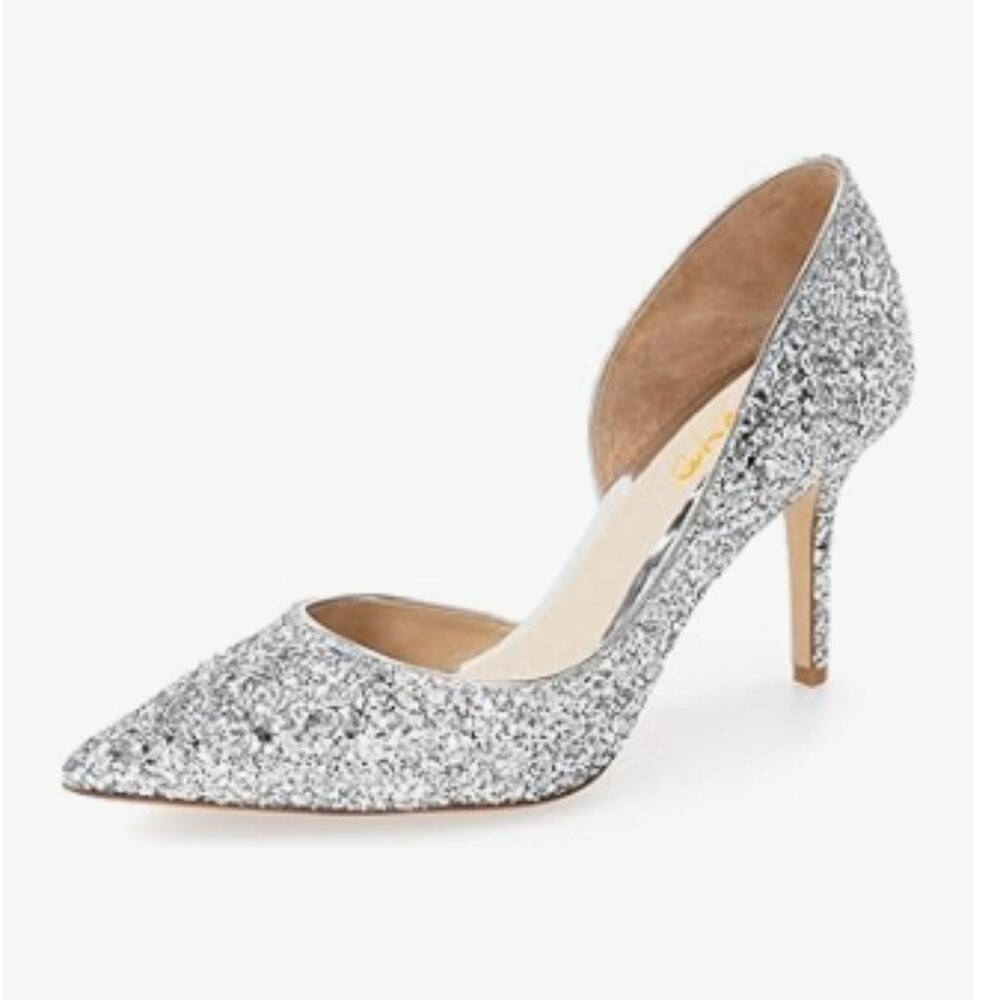 XYD Silver Glitter D'Orsay Low Heels Comfortable Slip-on Pointed Toe Sexy Pumps